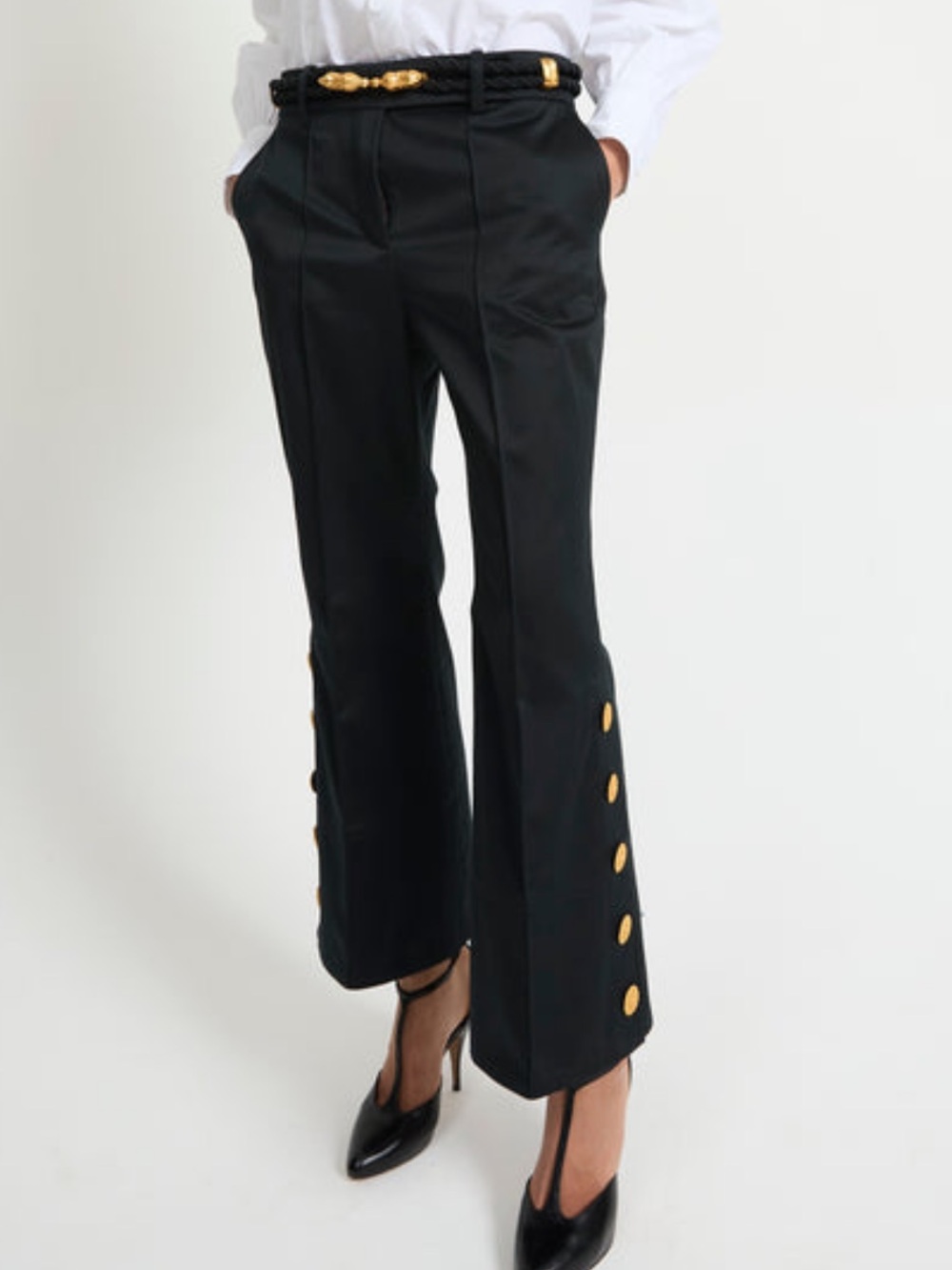 Laurence Bras Alger Black Gold Button High Rise Cropped Flare Pants FR 36 NWT